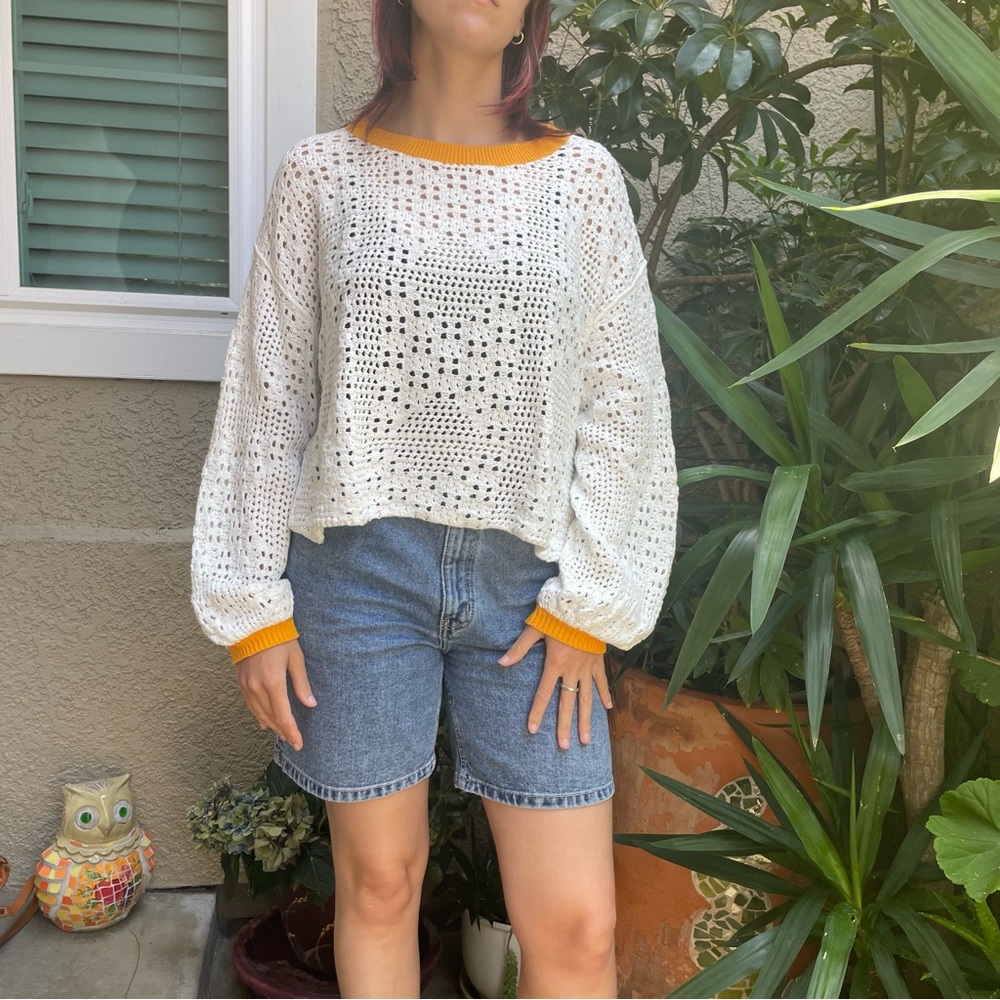 Free People White and Orange Crew Neck Knit Cotton Sweater